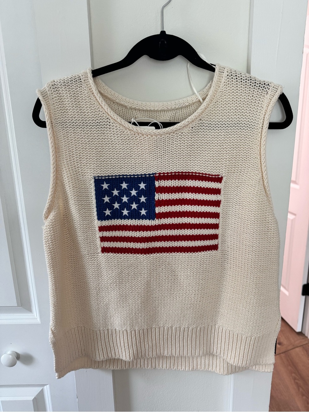 Lucky Brand Cream Knit Sleeveless Top with American Flag